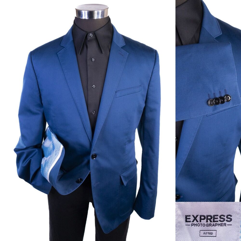 Express Photographer FITTED Solid Blue Blazer 44R Cotton Blend 2-Button Jacket